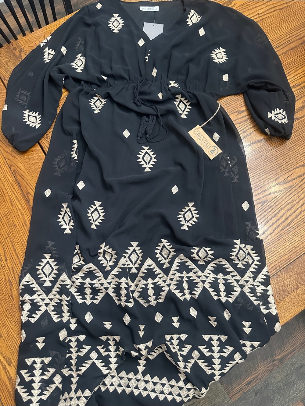 Black Maxi Dress with Cream Aztec Embroidery - Boho V-Neck